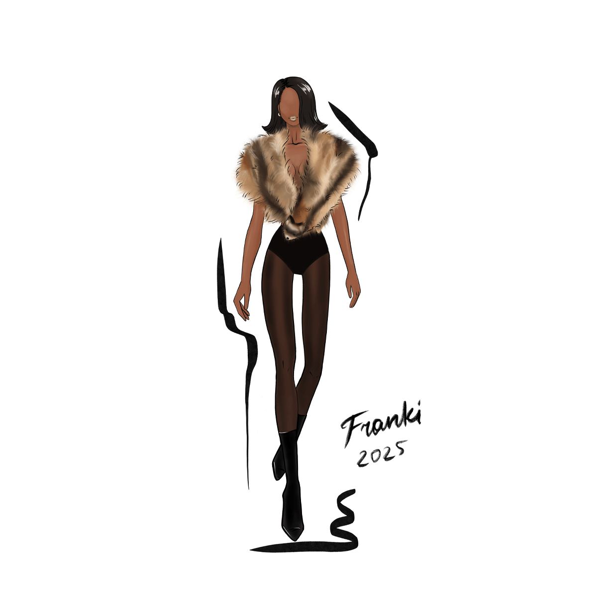 Fashion illustration of a model in a Monroe fur halter top with black bodysuit and knee-high boots, exuding modern glamour.