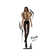 Fashion illustration of a model in a Monroe fur halter top with black bodysuit and knee-high boots, exuding modern glamour.